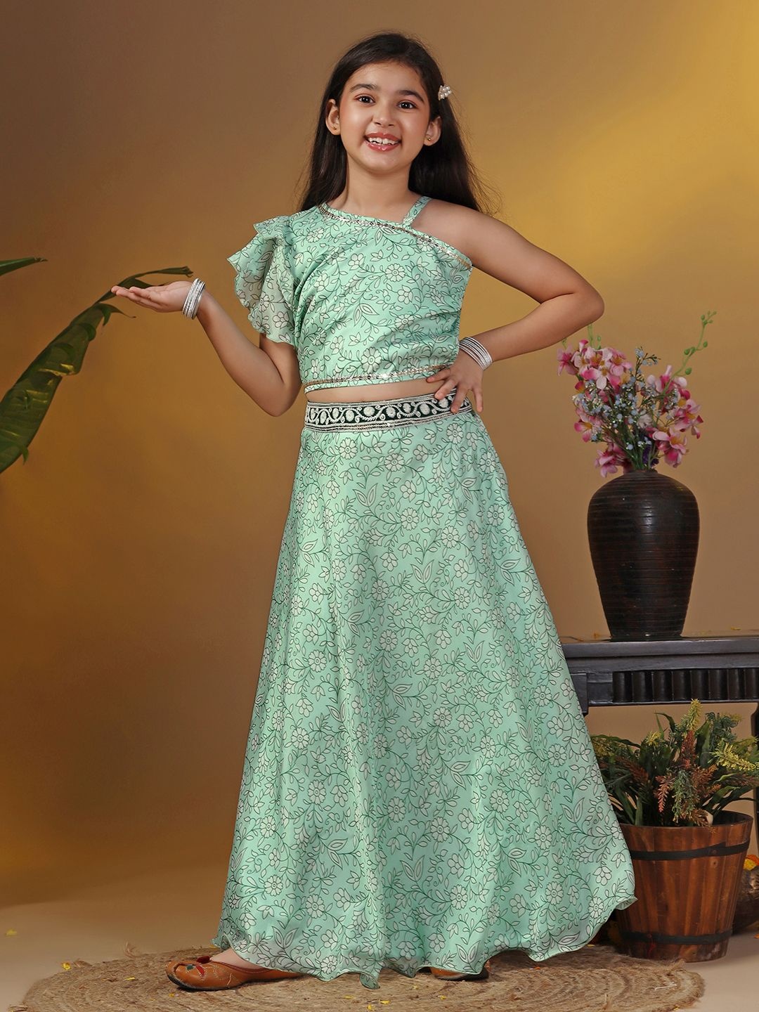 

FASHION DREAM Girls Printed Organza Ready to Wear Lehenga & Choli, Green