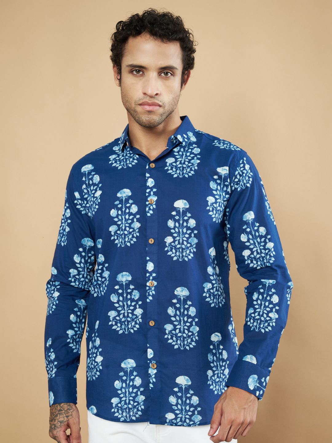 

KALINI Men Premium Spread Collar Floral Printed Cotton Casual Shirt, Blue