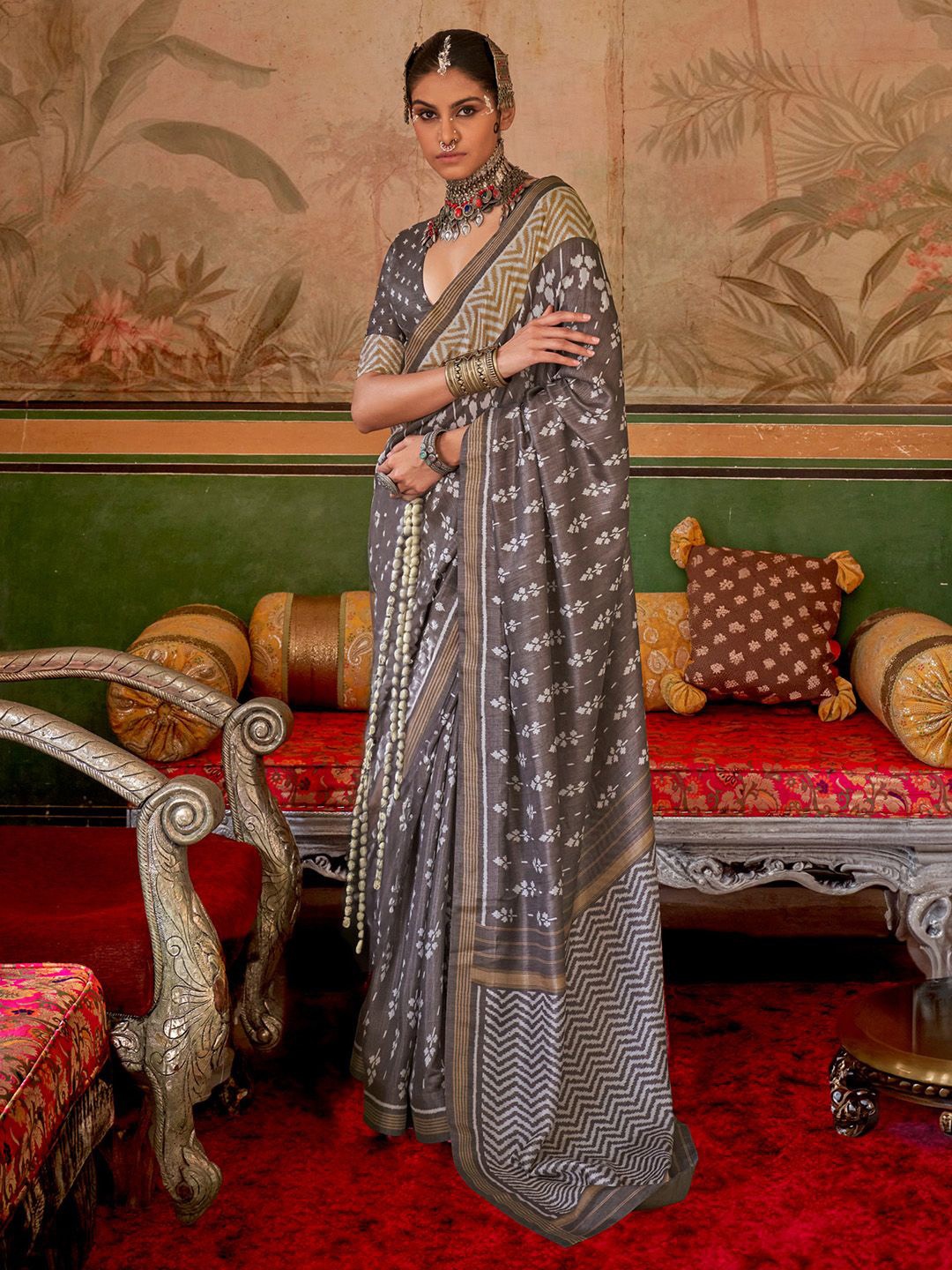 

Anouk Floral Printed Pochampally Saree, Charcoal