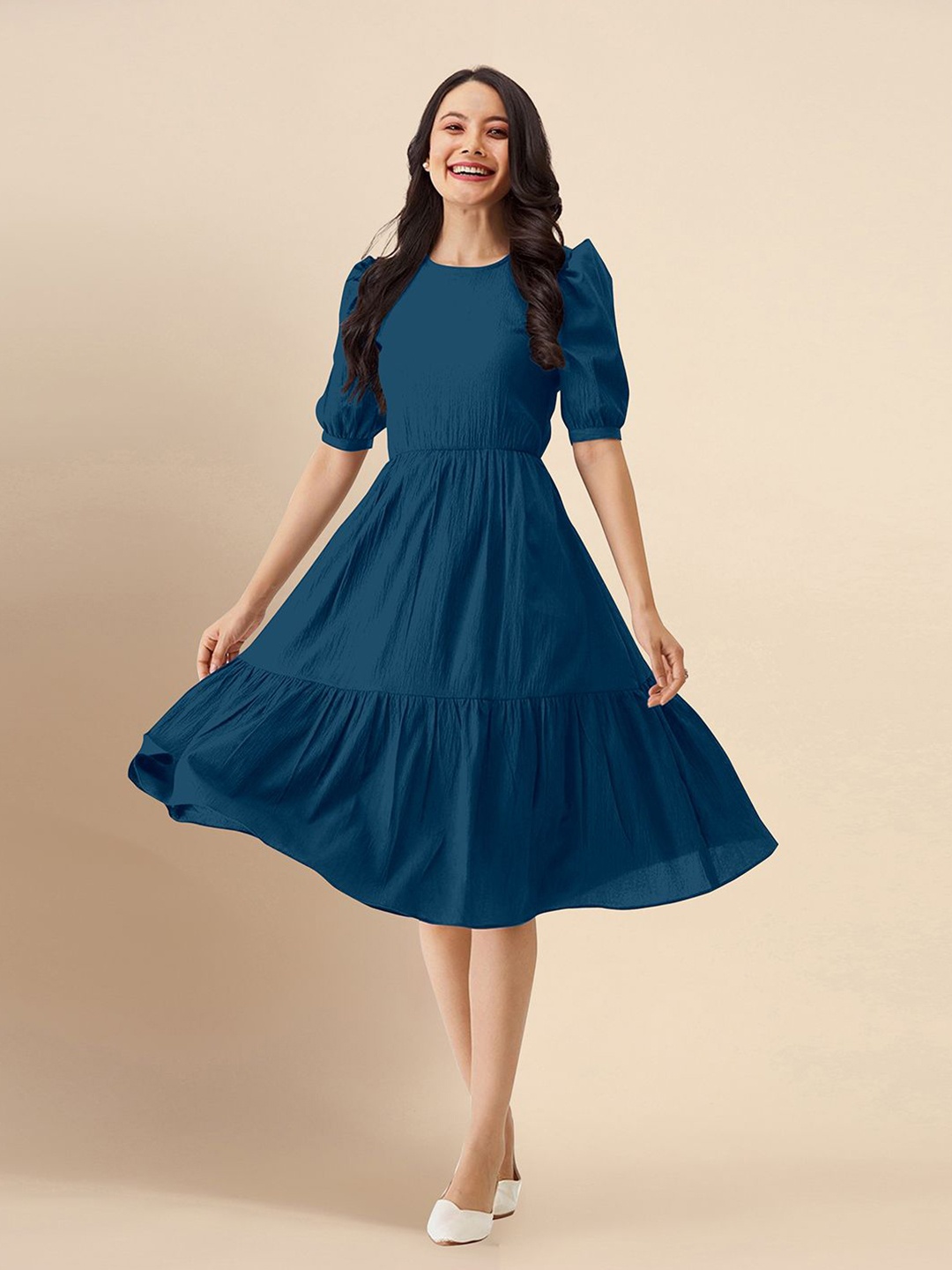 

Trendmalls Women Puff Sleeve Fit & Flare Dress, Teal