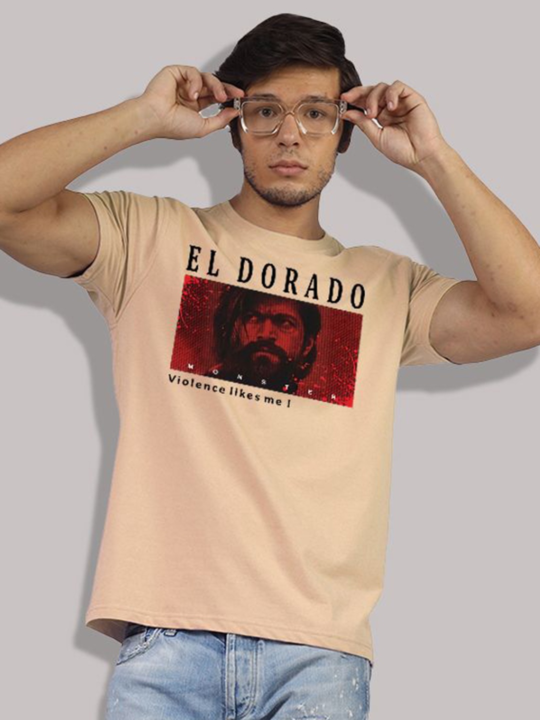

Greylongg Men Graphic Printed Round Neck Cotton T-shirt, Beige