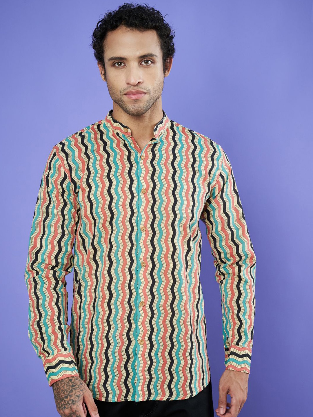

KALINI Men Premium Band Collar Chevron Striped Cotton Casual Shirt, Cream