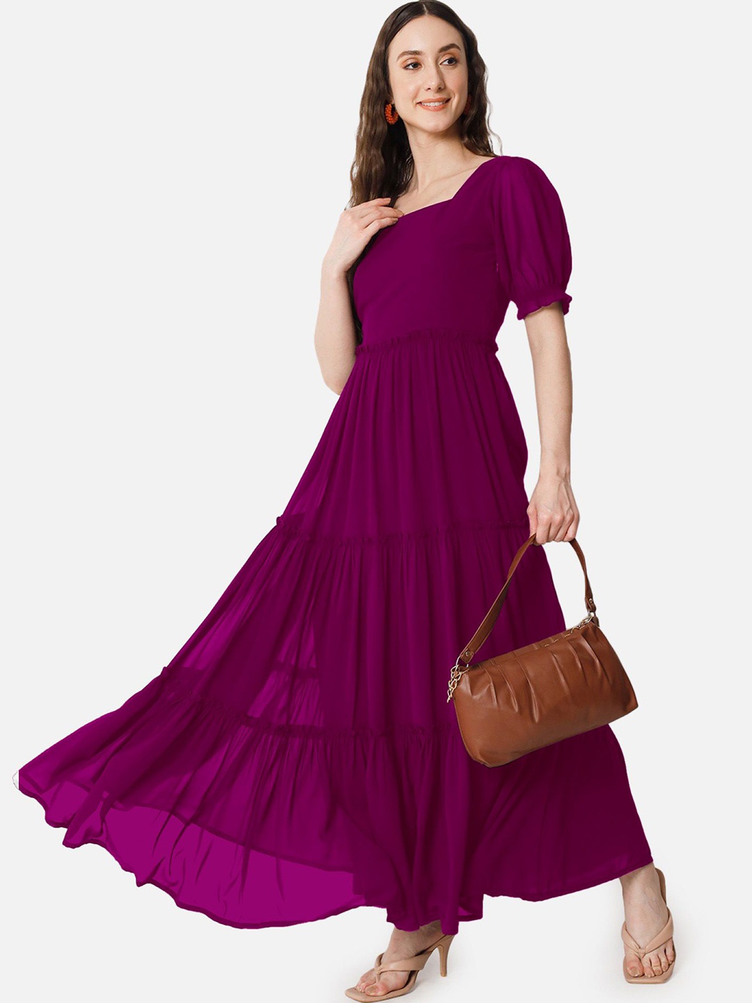

Raiyani Enterprise Puff Sleeve Georgette Fit & Flare Maxi Dress, Magenta