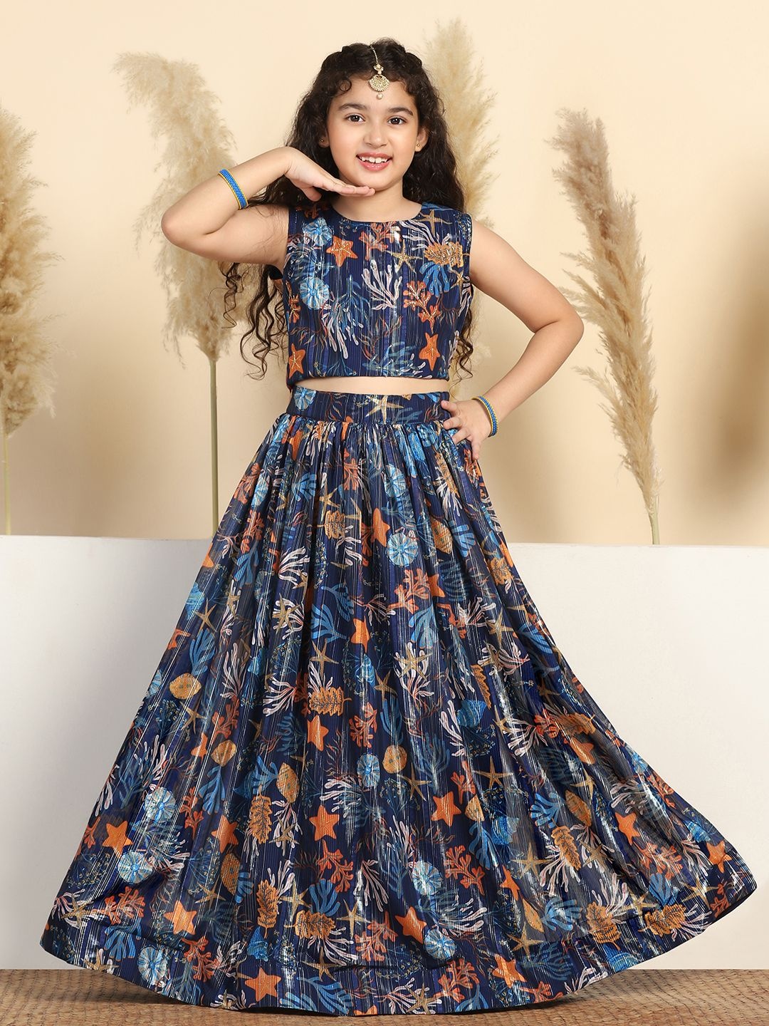 

BAESD Girls Printed Ready to Wear Lehenga & Choli, Blue