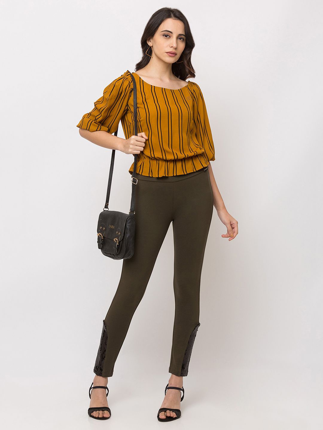 

SHECZZAR Women Striped Crepe Crop Top, Mustard