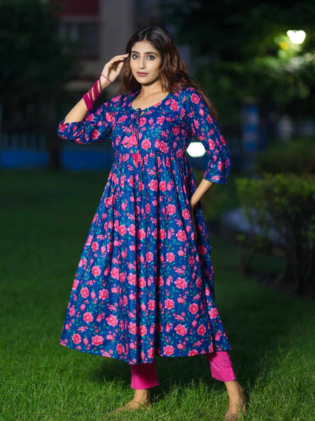 

Aujjessa Floral Printed Thread Work Cotton Maternity Anarkali Kurta, Blue