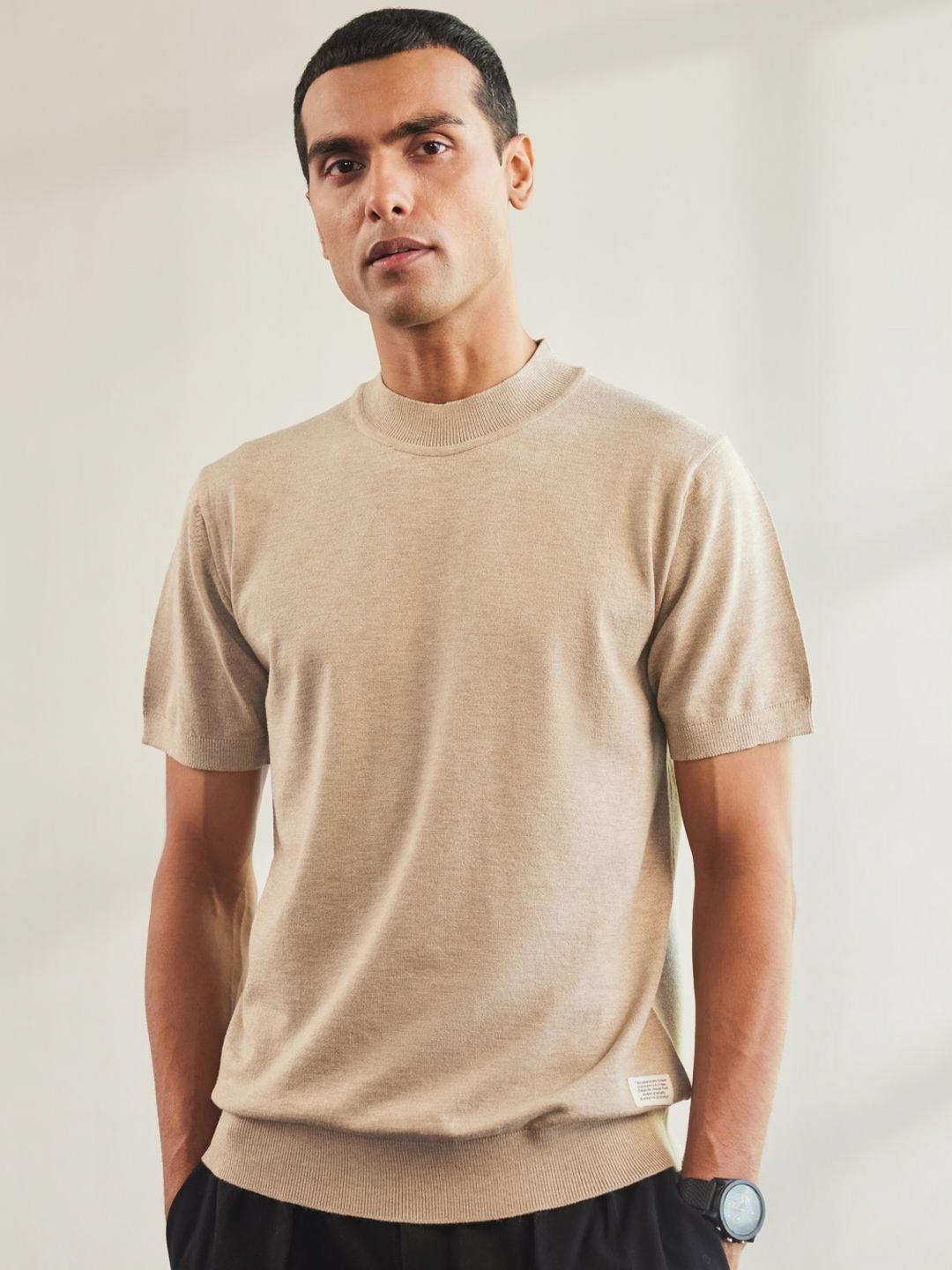 

Mr Bowerbird Men Raw Edge Slim Fit T-shirt, Camel brown