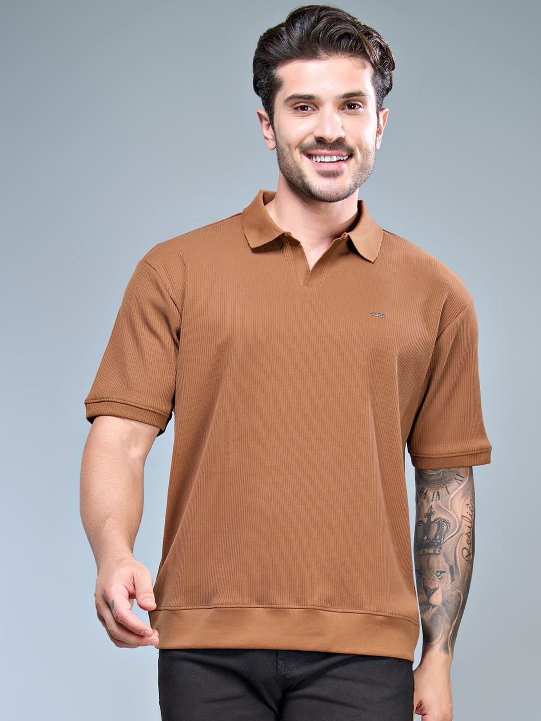 

MAXZONE Old Money Knit Polo Collar Oversized Casual T-shirt, Brown