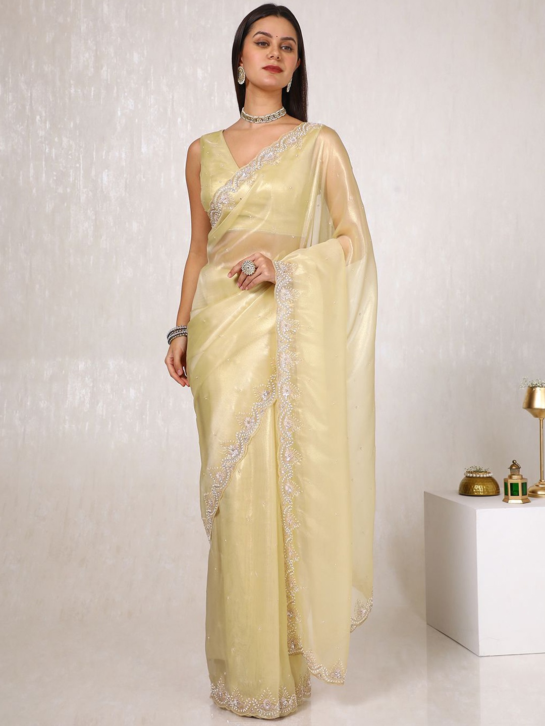 

Soch Embellished Sequinned Tissue Saree, Yellow