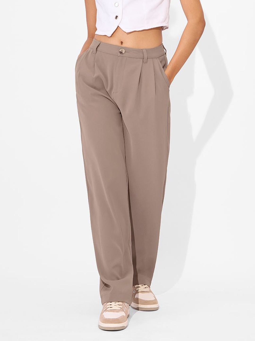 

The Souled Store Women Mid-Rise Regular Fit Trousers, Camel brown