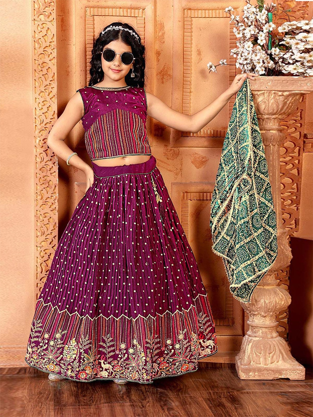 

ODETTE Girls Embellished Sequinned Ready to Wear Lehenga & Blouse With Dupatta, Purple