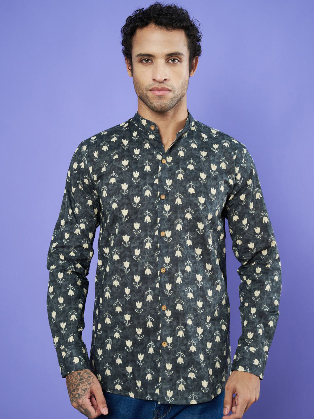 

KALINI Men Premium Band Collar Floral Printed Cotton Casual Shirt, Grey