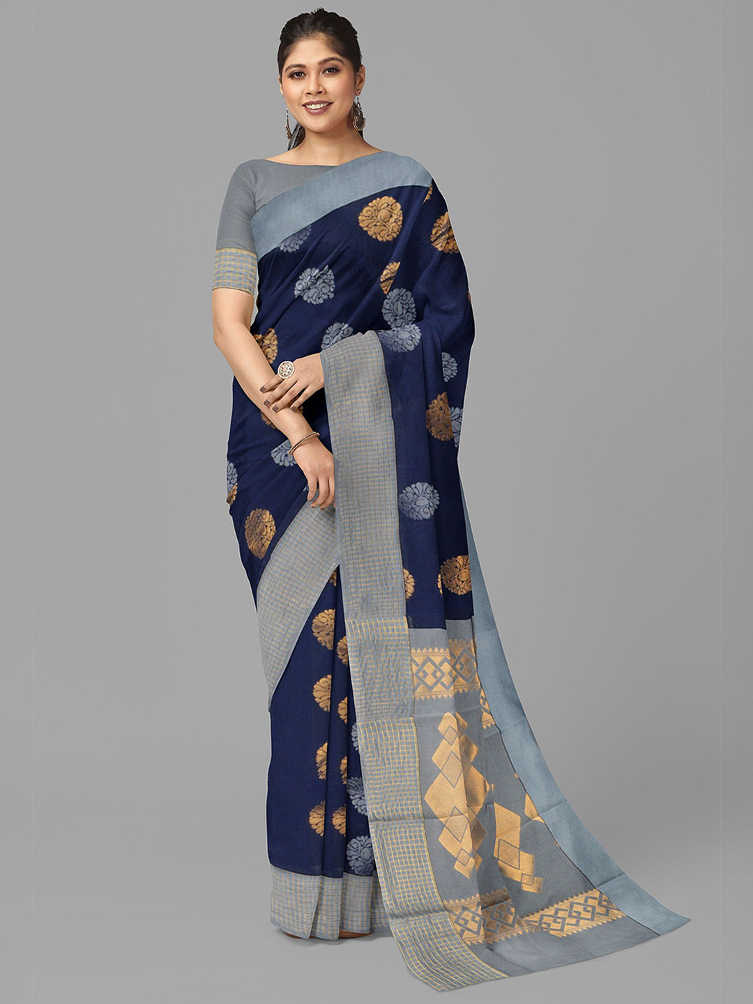

The Chennai Silks Ethnic Motifs Zari Maheshwari Saree, Navy blue