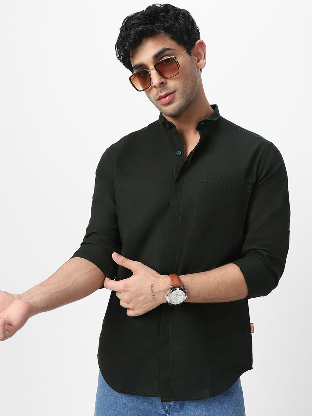 

Urbano Fashion Men Club Collar Solid Cotton Casual Shirt, Olive