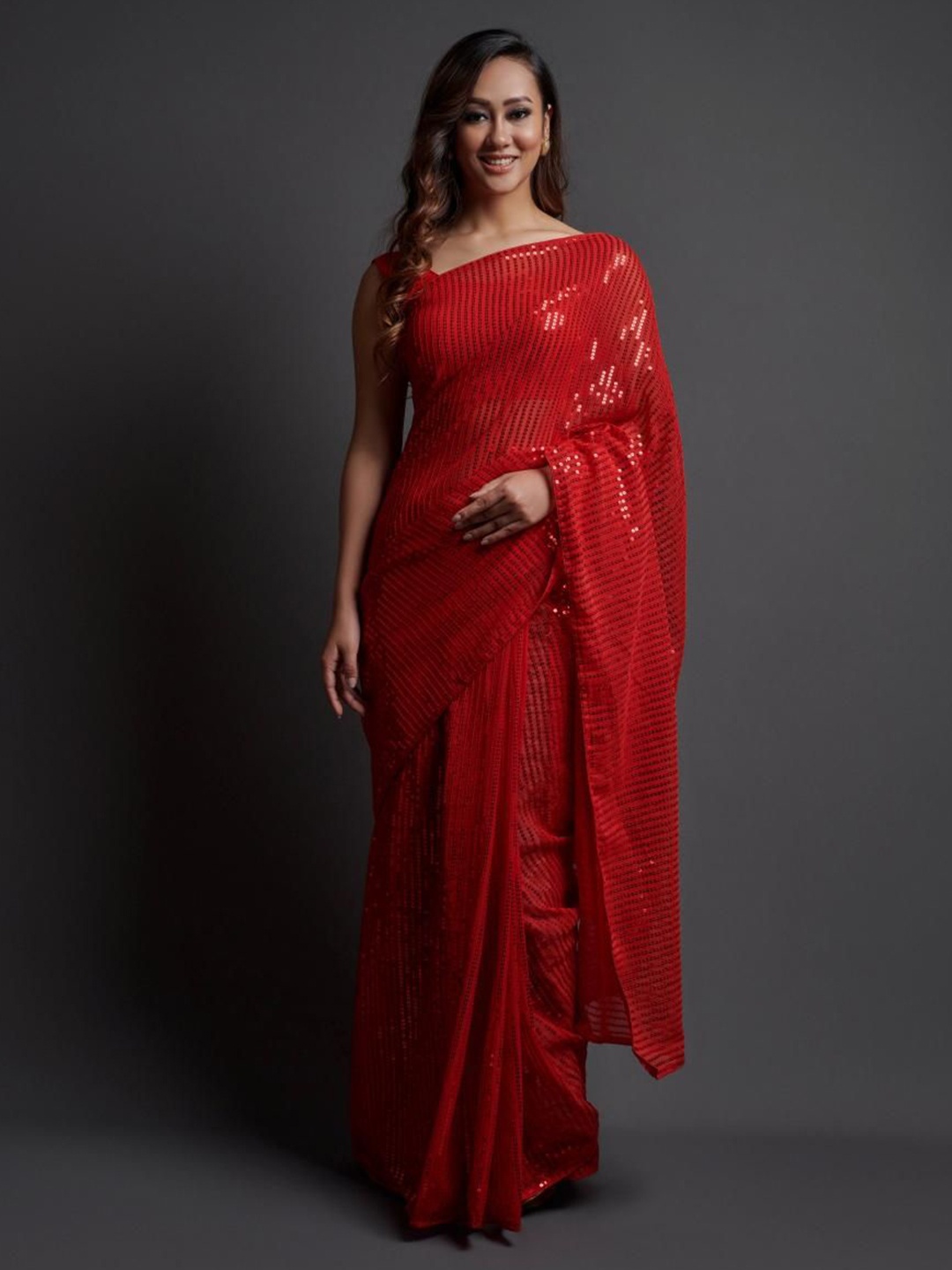 

THE52 Embellished Sequinned Pure Georgette Saree, Red