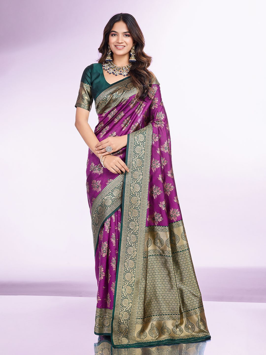 

RICH & ROMAN Ethnic Motifs Woven Design Zari Pure Silk Banarasi Saree, Purple