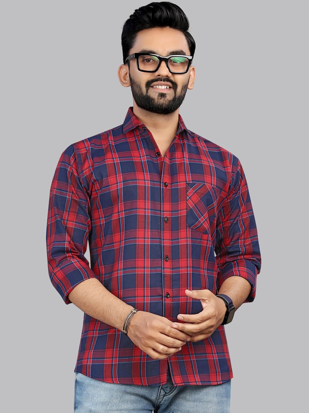 

allan peter Men Classic Spread Collar Checked Cotton Casual Shirt, Navy blue