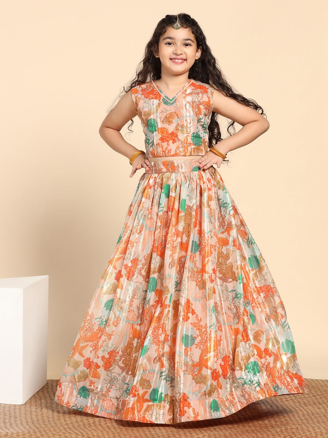 

FASHION DREAM Girls Floral Printed Ready to Wear Georgette Lehenga & Choli, Orange