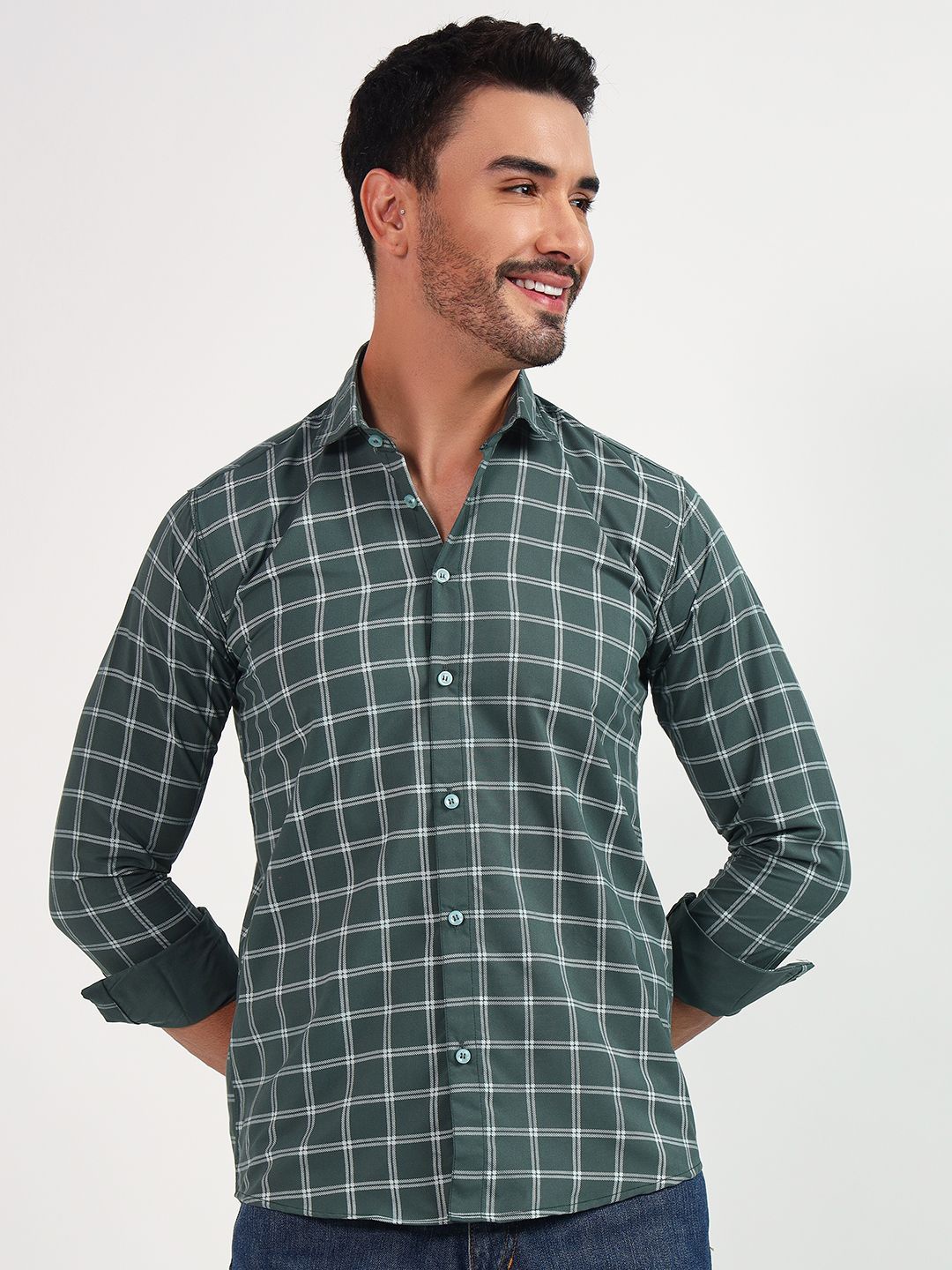 

YOUTH FIRST Men Premium Spread Collar Shepherd Checked Casual Shirt, Green