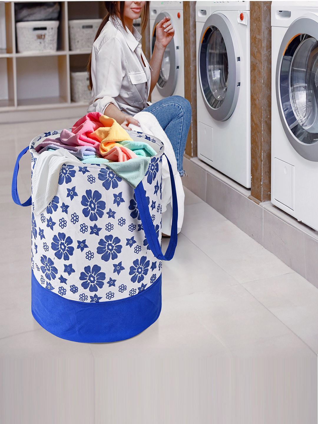 

Kuber Industries Blue 3 Pieces Printed Foldable Laundry Bag 45L