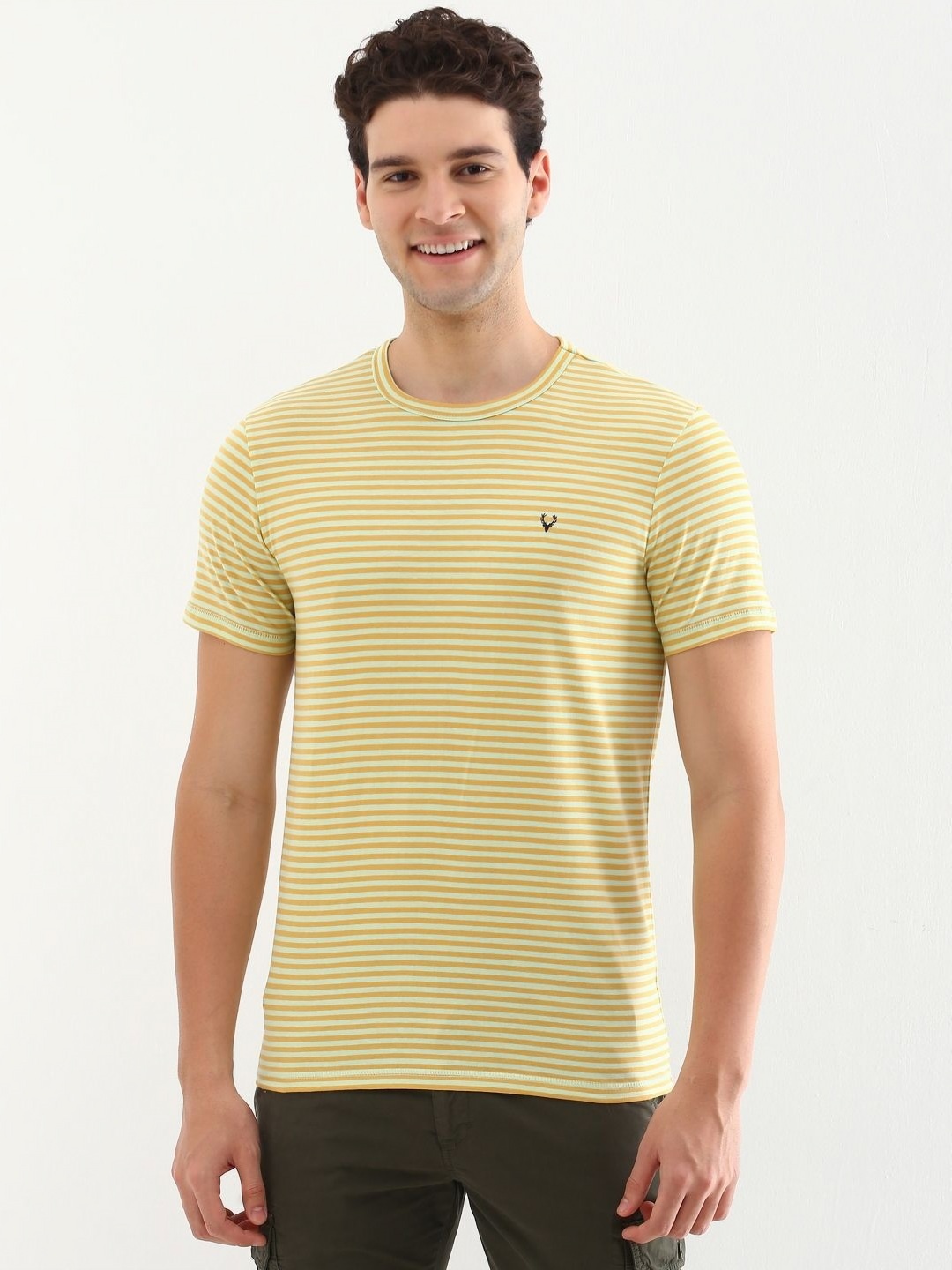 

Allen Solly Men Striped Round Neck Cotton Slim Fit T-shirt, Yellow