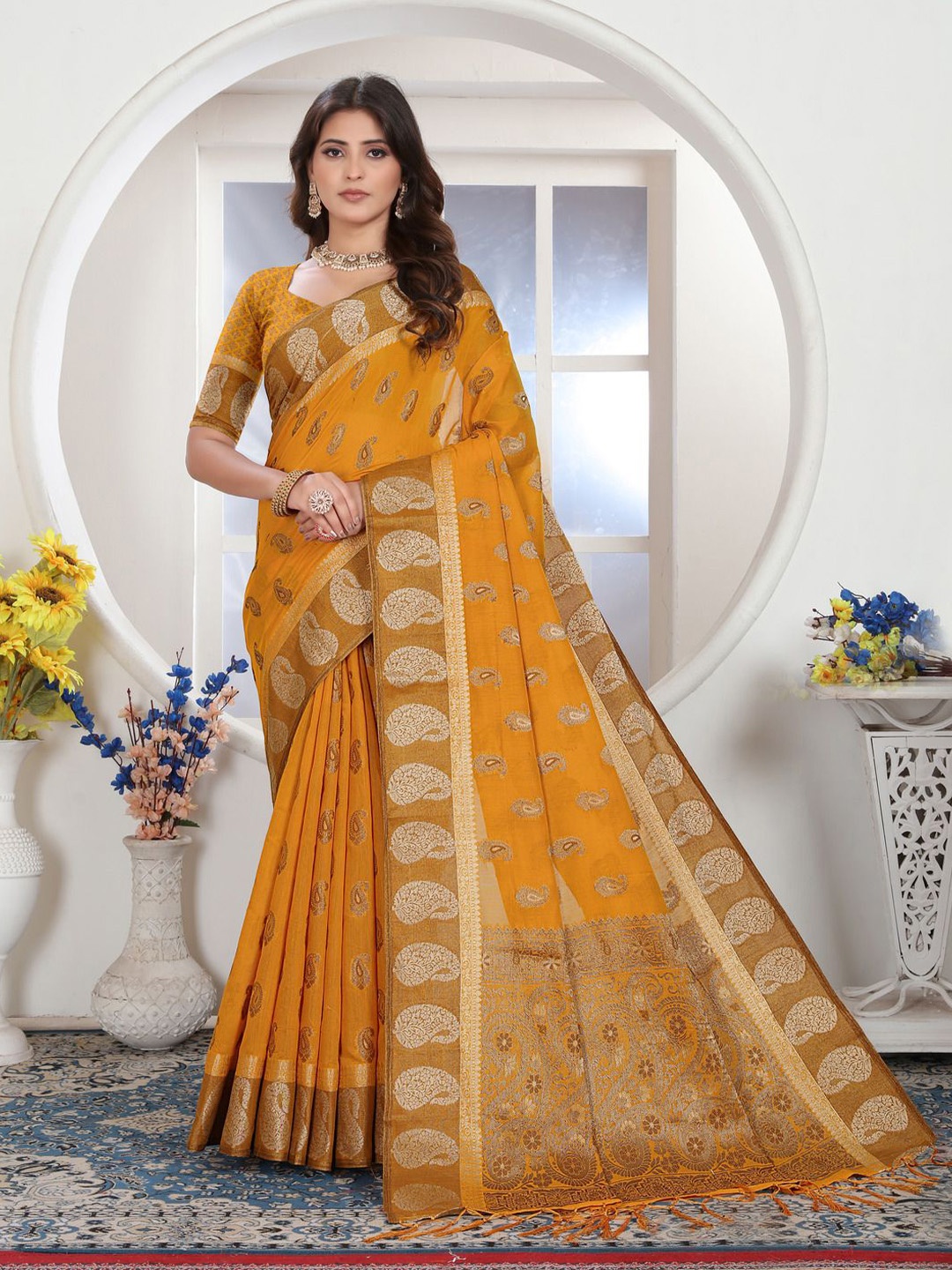 

ISHIKA FAB Woven Design Zari Art Silk Chanderi Saree, Mustard