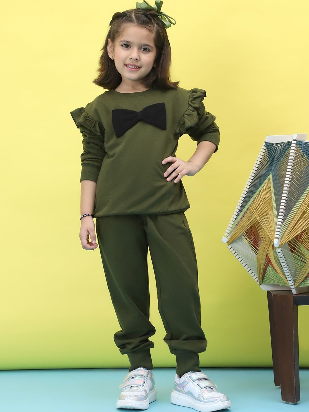 

Baawri Girls Long Sleeves Pure Cotton T-shirt With Trouser, Olive