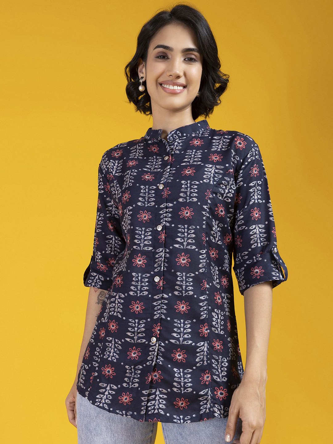 

Jomso Floral Women Printed Cotton Shirt Style Top, Blue