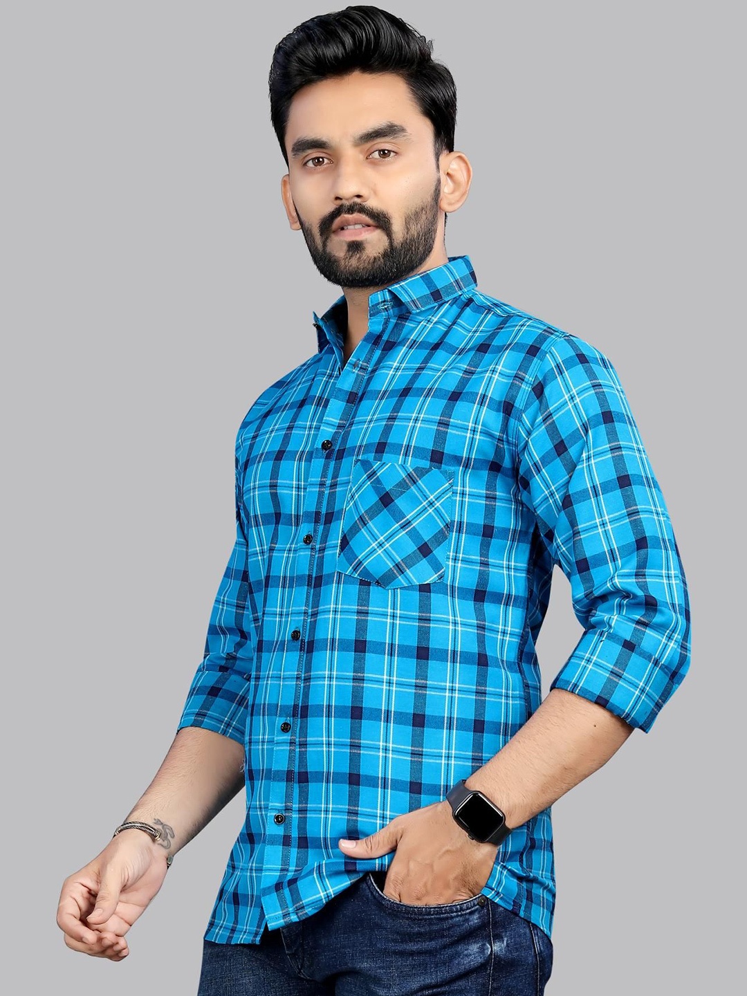 

allan peter Men Classic Spread Collar Tartan Checked Cotton Casual Shirt, Blue