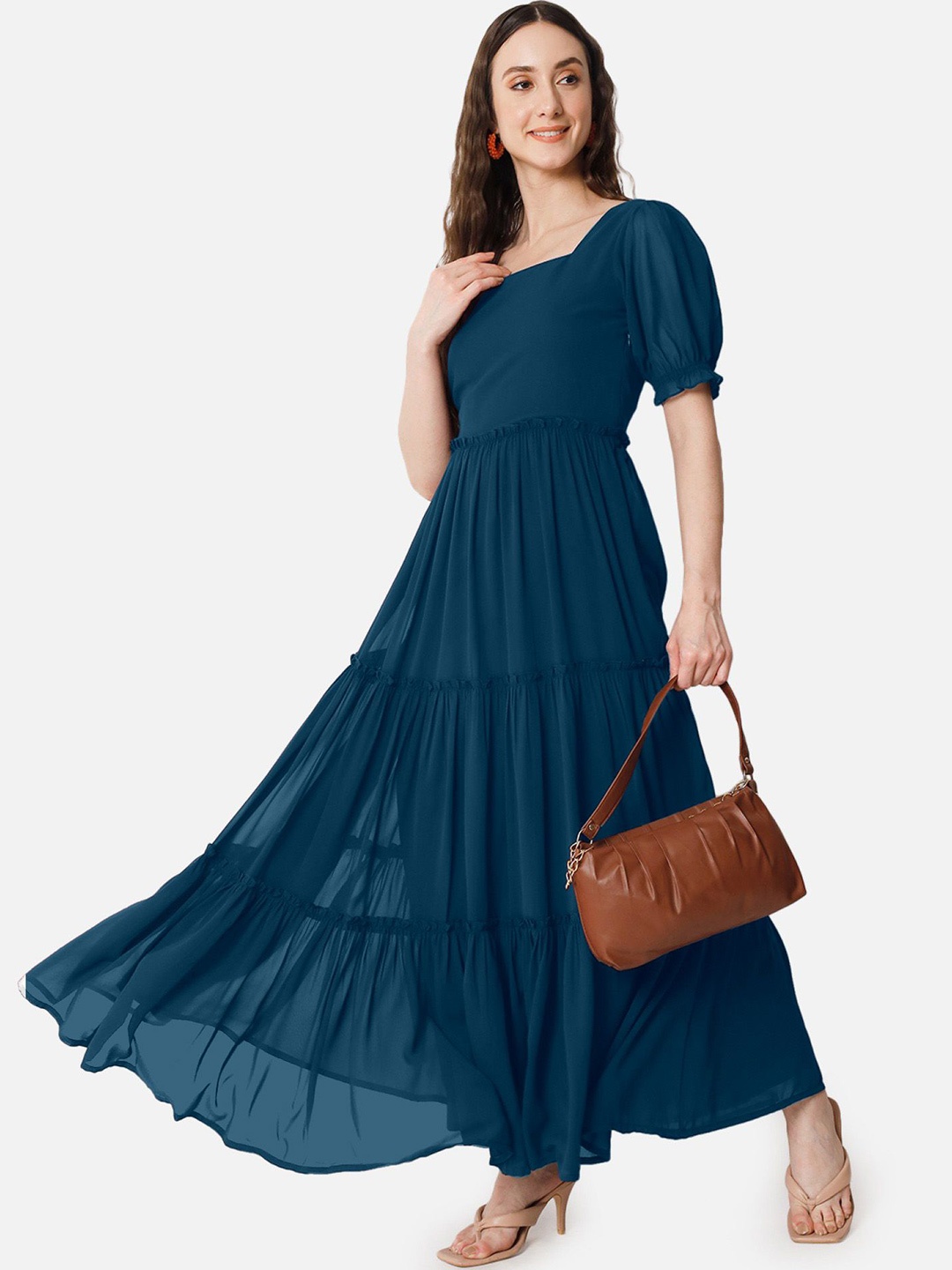 

Krunal Raiyani Women Bell Sleeve Applique Georgette Fit & Flare Square Neck Maxi Dress, Blue