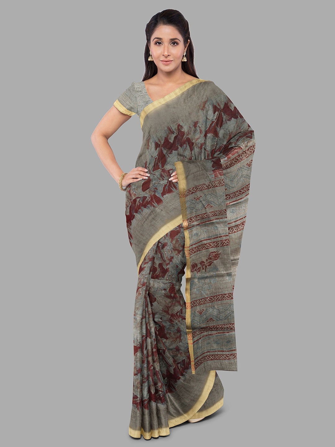 

The Chennai Silks Woven Design Floral Jute Cotton Fusion Saree, Grey