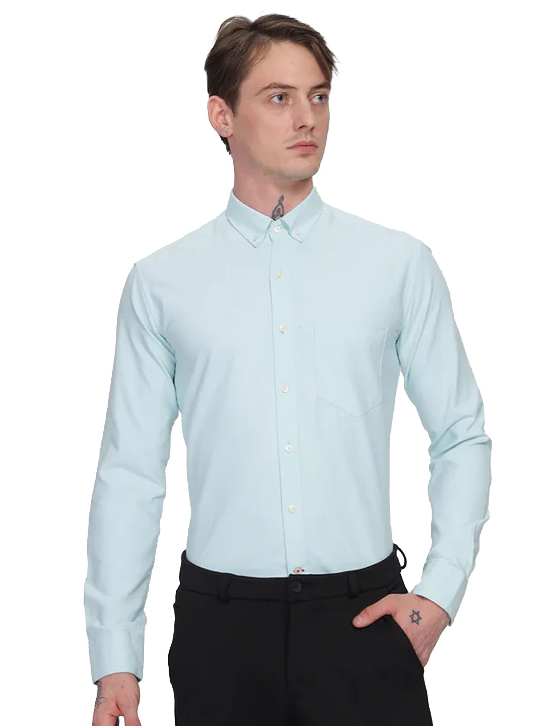 

ilyzly Men Standard Button-Down Collar Solid Cotton Tailored Fit Semiformal Shirt, Blue