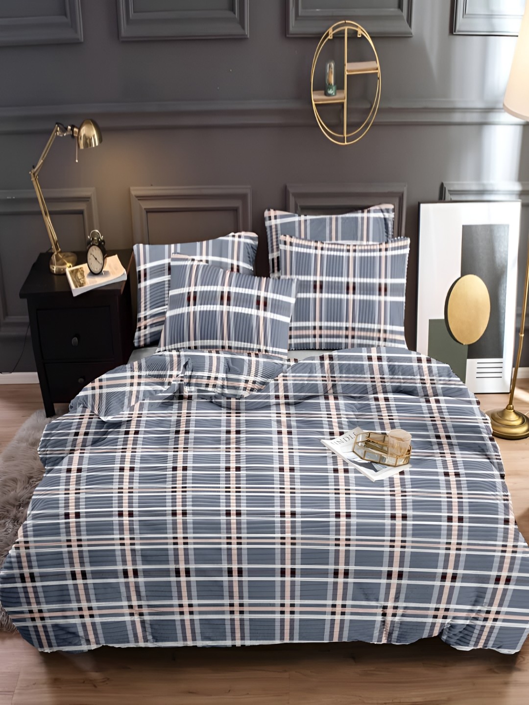 

MORADO Grey & Peach Checked Double Bed Duvet Cover, Blue