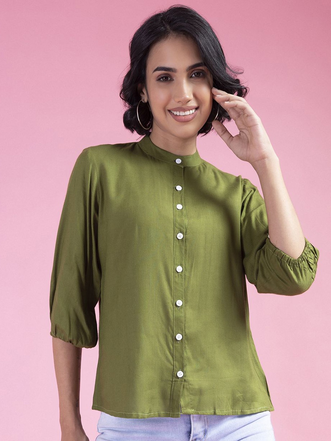 

Jomso Women Mandarin Collar Shirt Style Puff Sleeves Casual Top, Green