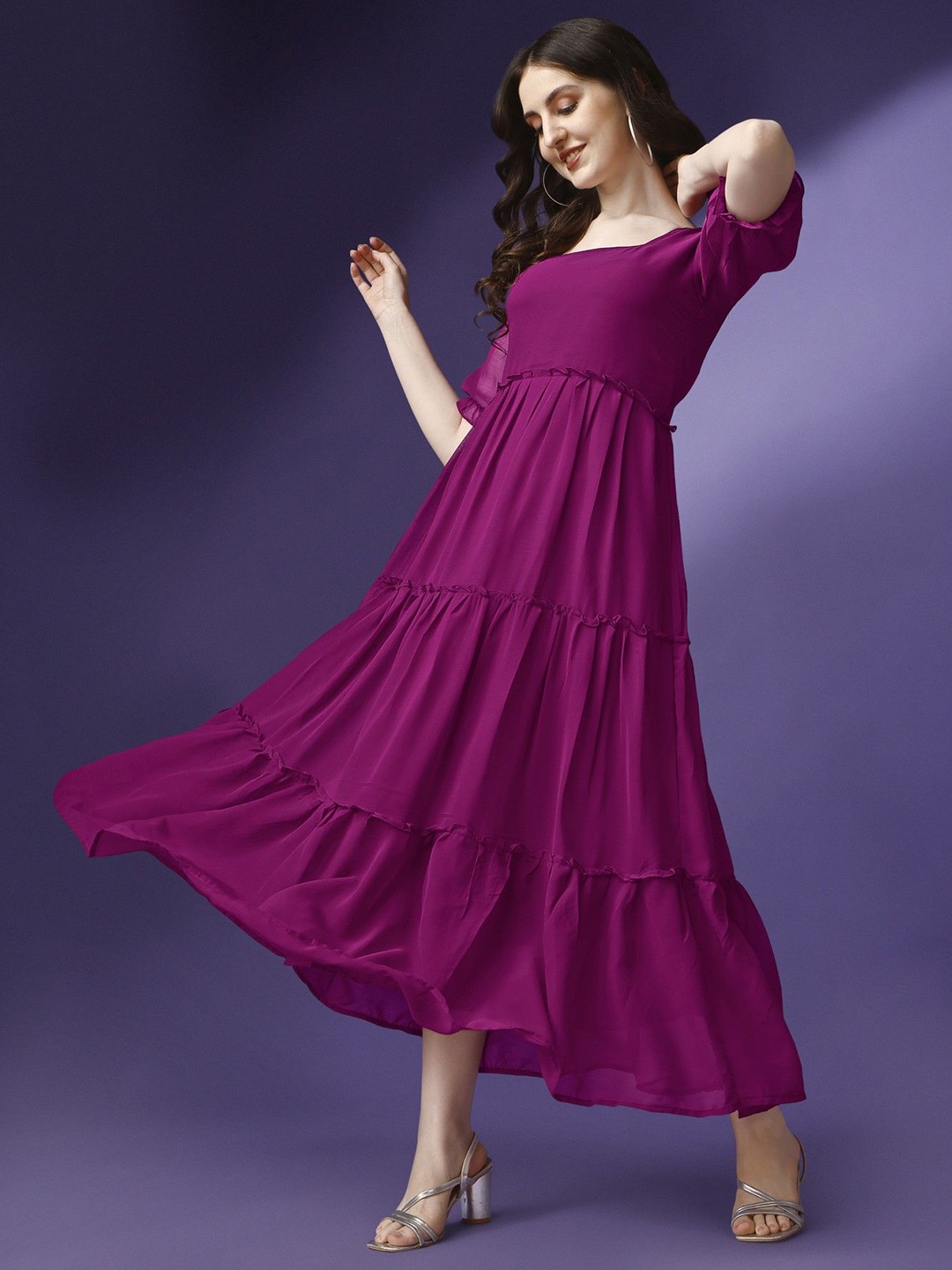 

Raiyani Enterprise Women Puff Sleeve Fit & Flare Dress, Magenta