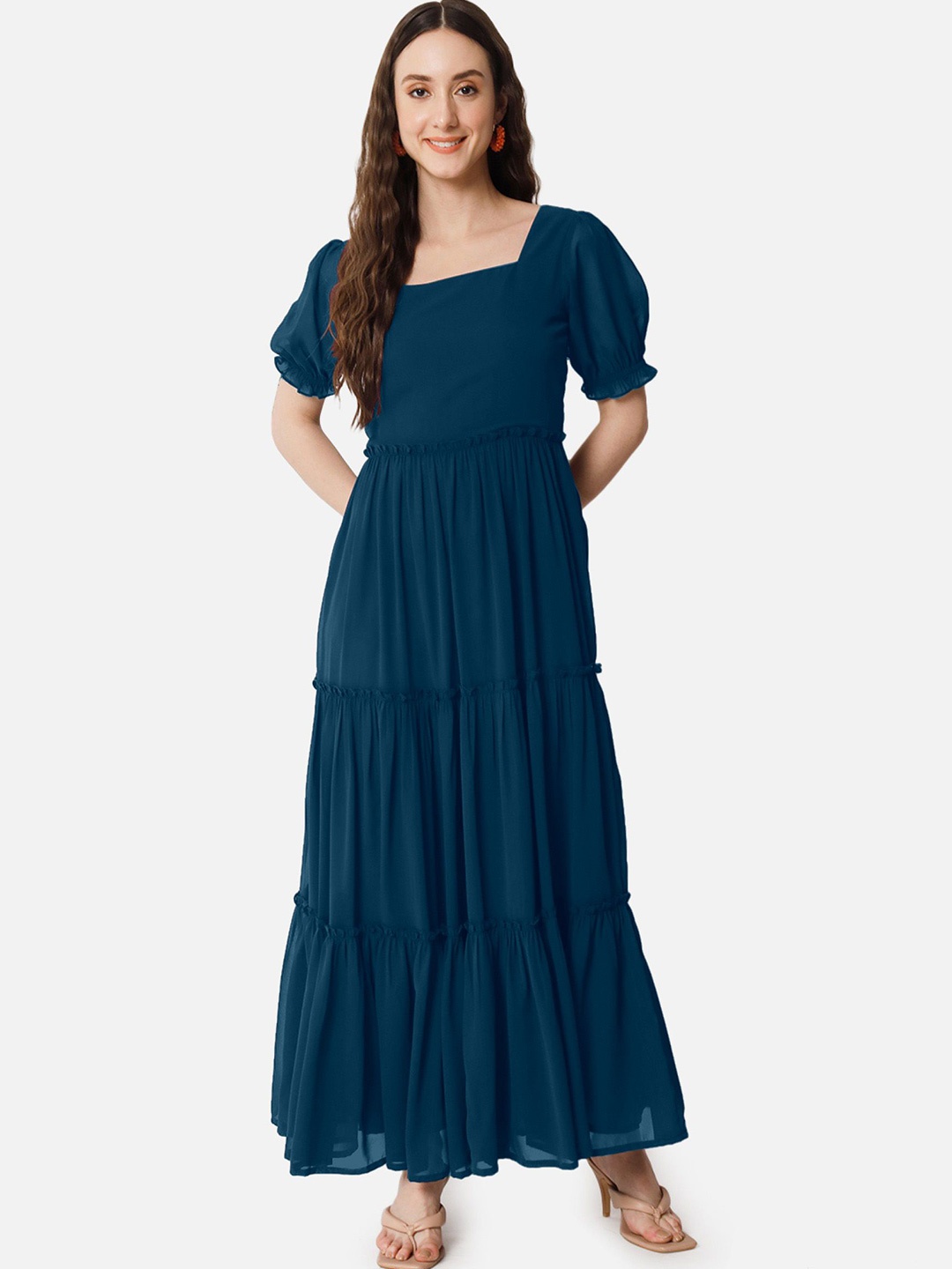 

Raiyani Enterprise Square Neck Georgette Fit & Flare Maxi Dress, Blue