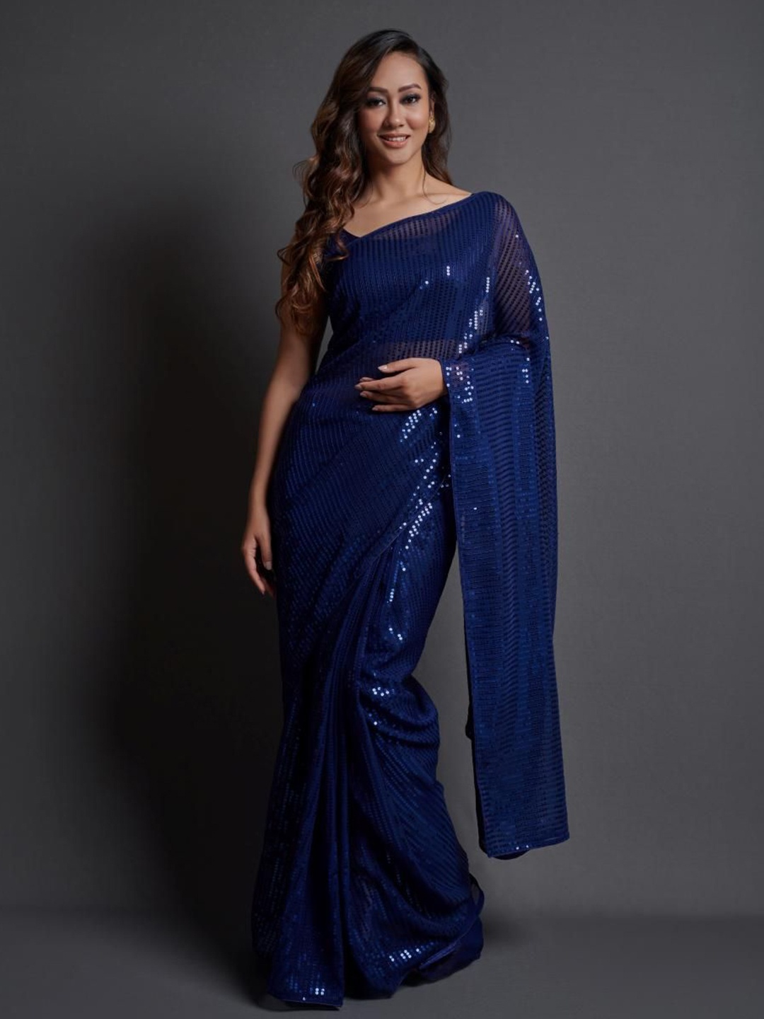 

THE52 Embellished Sequinned Pure Georgette Solid Saree, Blue