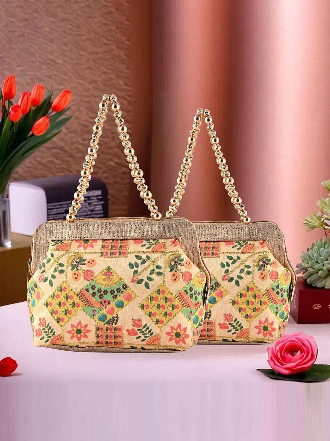 

Kuber Industries Women Pack Of 2 Floral Embroidered Structured Handheld Bags, Cream