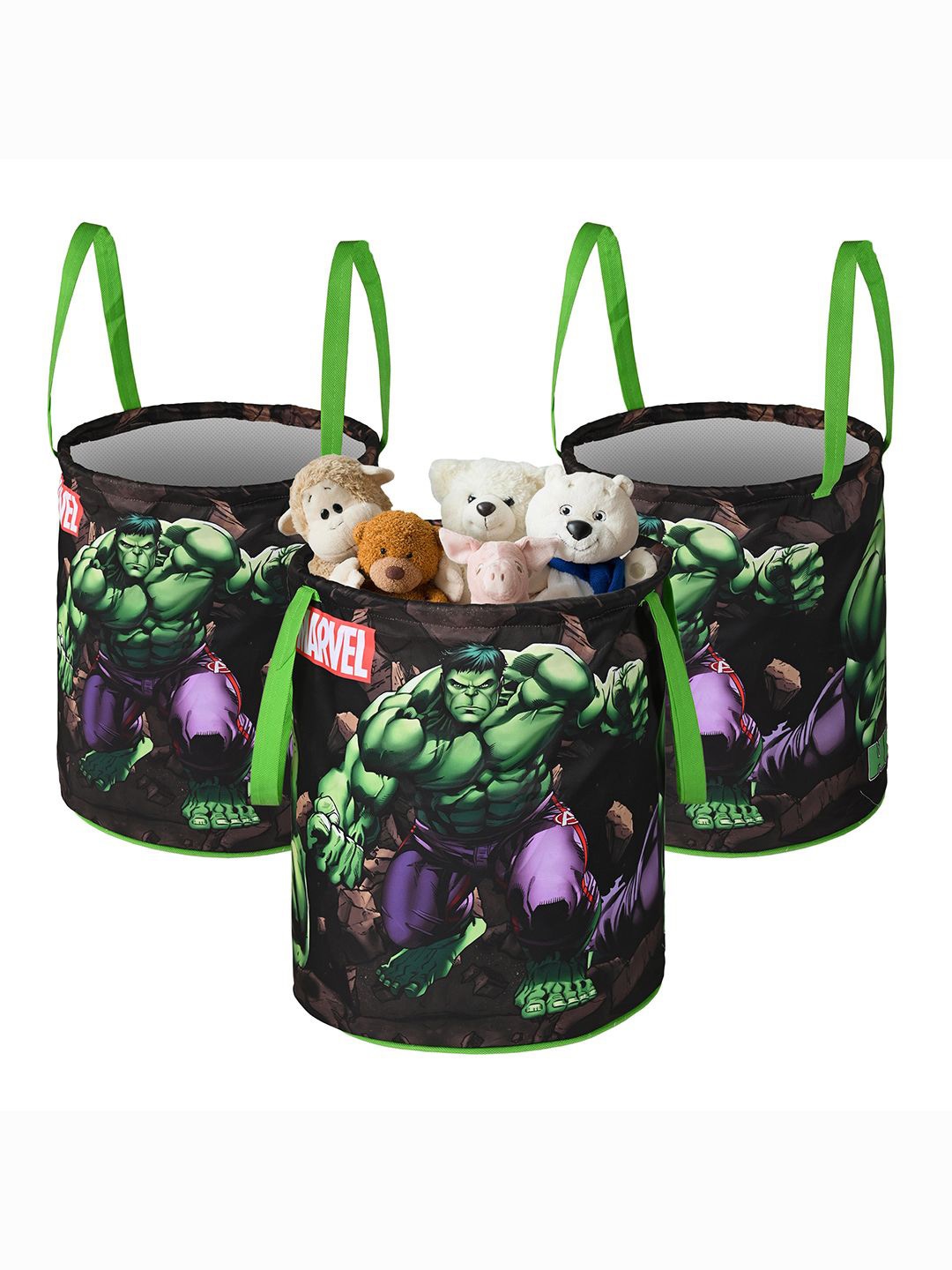 

Kuber Industries Green & Black 3 Pcs Marvel Hulk Printed Foldable Laundry Bags 45 L Each