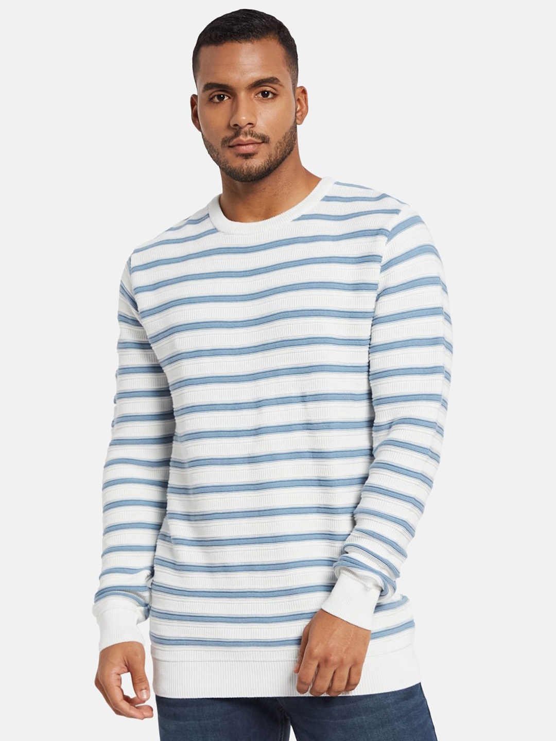 

METTLE Men Striped Long Sleeves Round Neck Pullover Sweaters, Blue