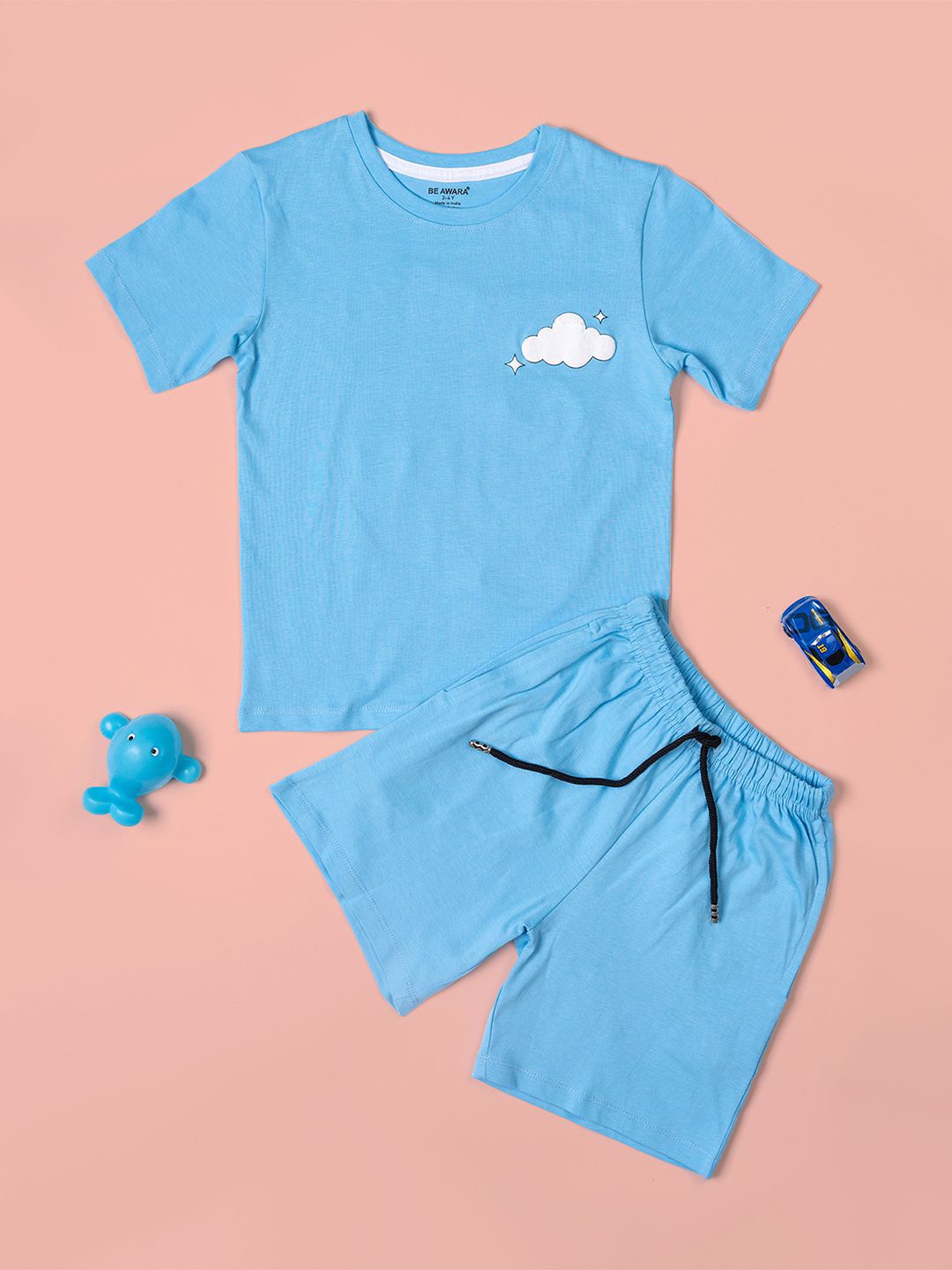

BE AWARA Boys Printed Pure Cotton Oversized T-shirt With Shorts, Blue