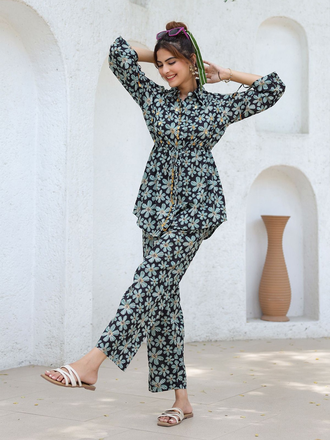 

Rain & Rainbow Printed Pure Cotton Tunic & Trousers, Black