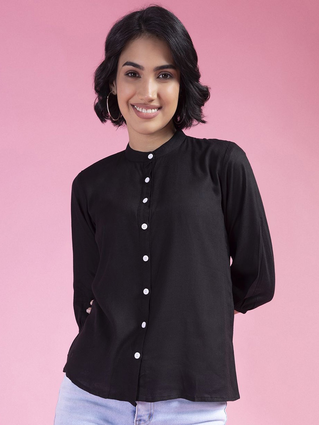 

Jomso Women Mandarin Collar Shirt Style Top, Black