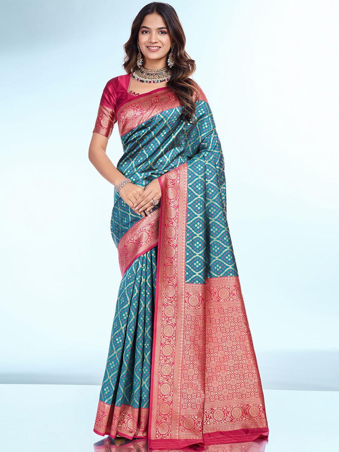 

RICH & ROMAN Woven Design Zari Pure Silk Banarasi Saree, Teal