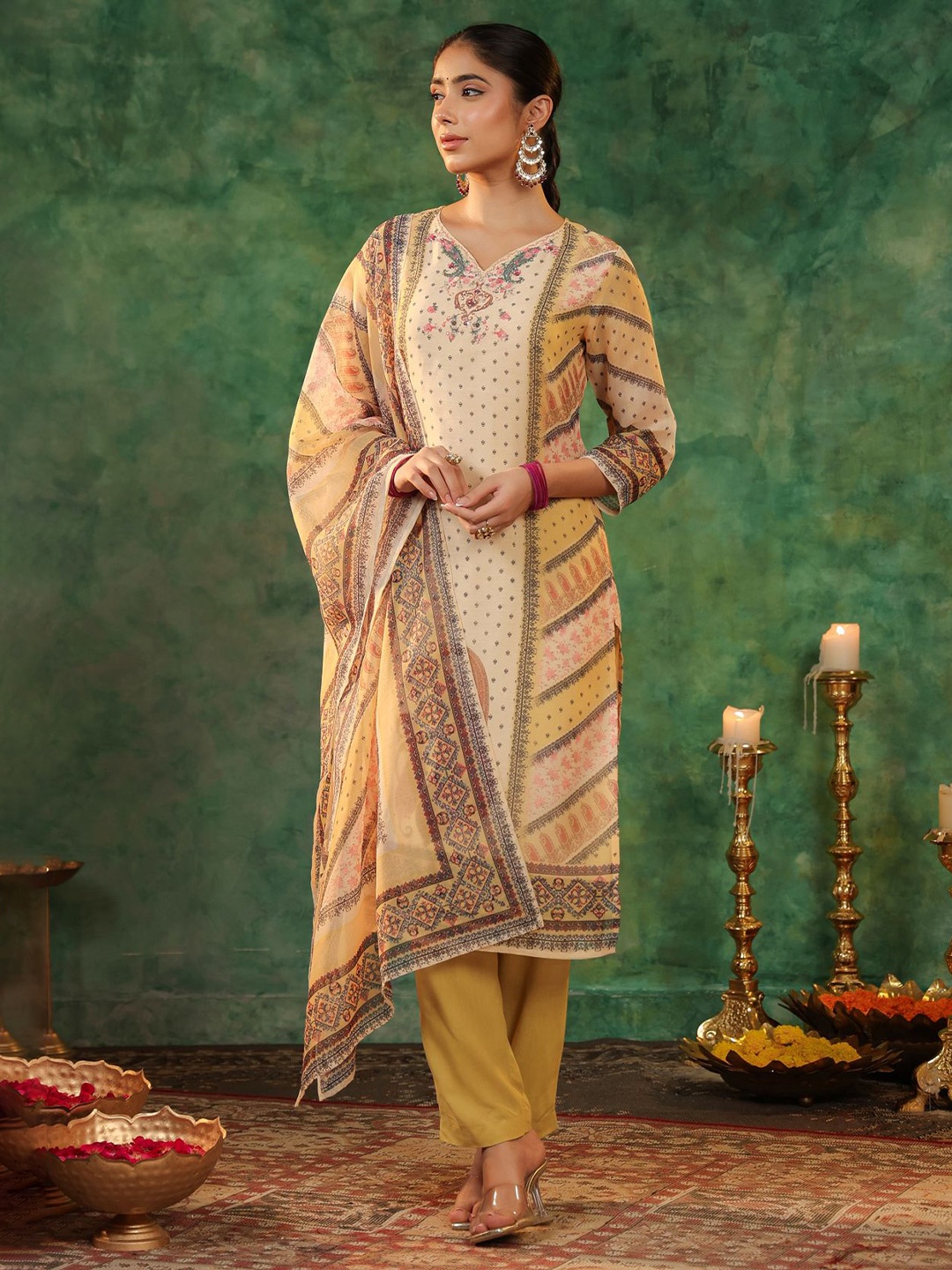 

Rain & Rainbow Printed Beads and Stones Straight Kurta with Trousers & Dupatta, Mustard