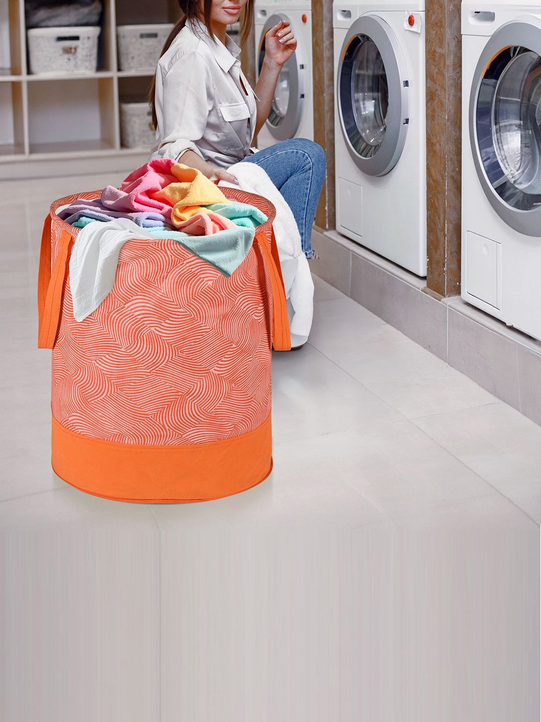 

Kuber Industries Orange 3 Pieces Curvy Printed Foldable Laundry Bag 45L