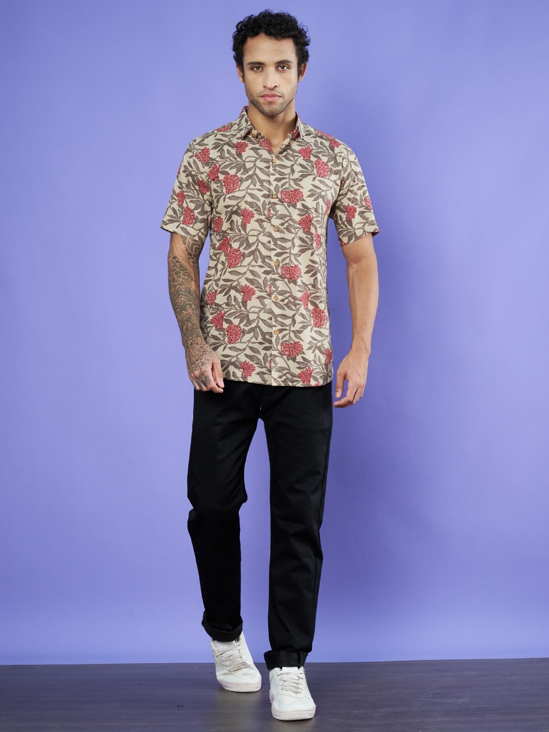 

KALINI Men Premium Spread Collar Floral Printed Cotton Casual Shirt, Beige