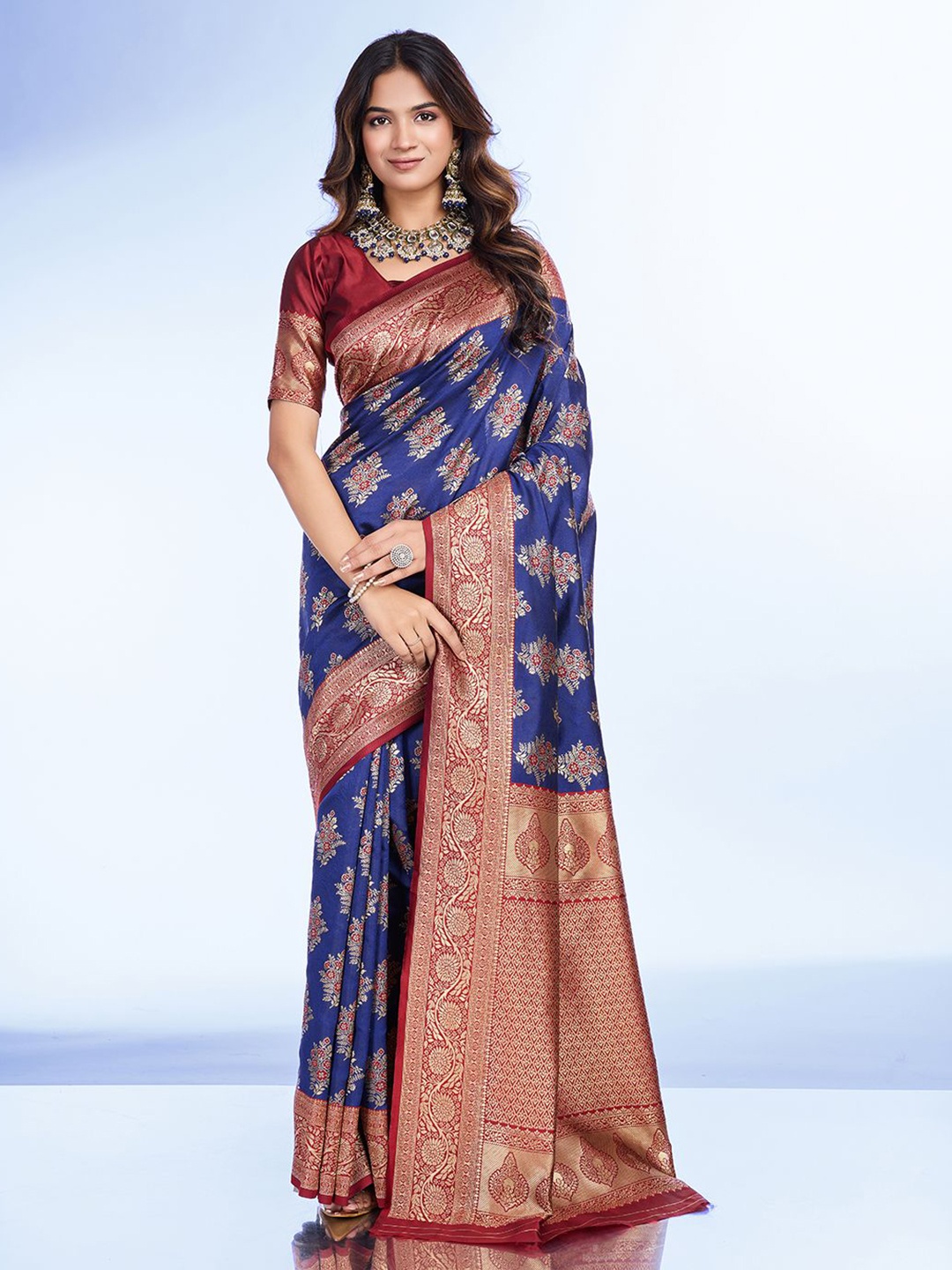 

RICH & ROMAN Ethnic Motifs Zari Pure Silk Banarasi Saree, Blue