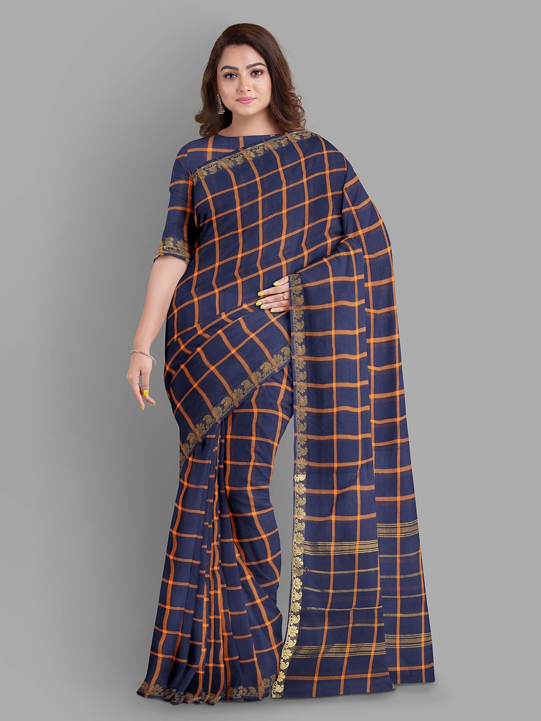 

The Chennai Silks Checked Woven Design Pure Cotton Chettinad Saree, Navy blue