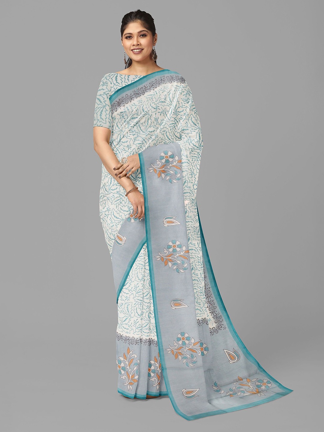 

The Chennai Silks Floral Printed Pure Cotton Muga Saree, Cream